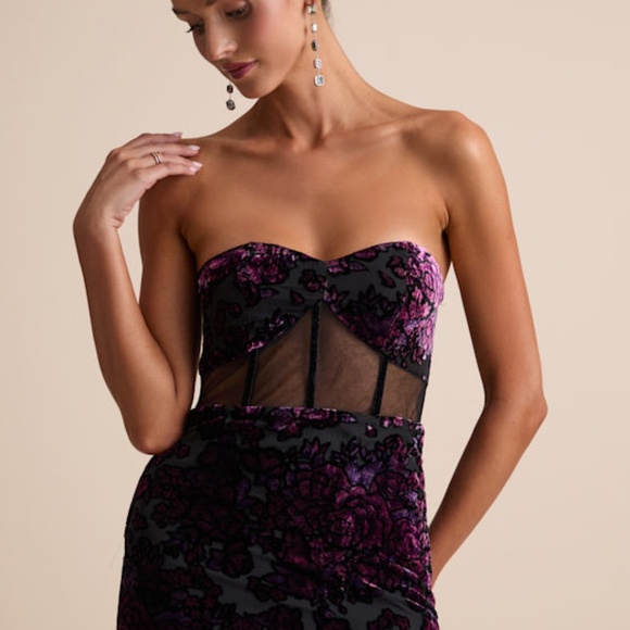 Lulus Breathtaking View Black Mesh Burnout Velvet Strapless Maxi Dress - Size L - Picture 1 of 1